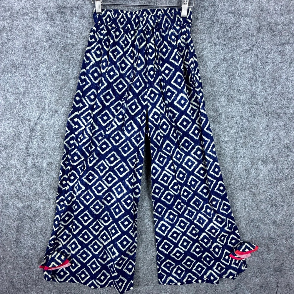 Siyahi Flowy Pants Womens Small Blue Geometric Diamond Elastic Waist Wide Leg